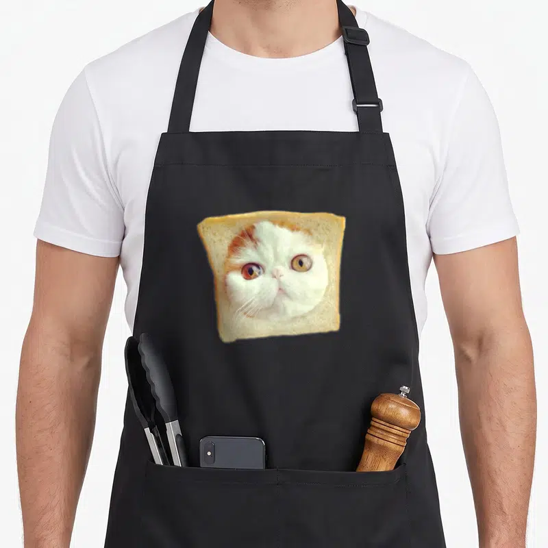 Toast black cat aprons - Photo of white and orange cat face inside a slice of beige bread — shown on a black cotton canvas apron against a white background