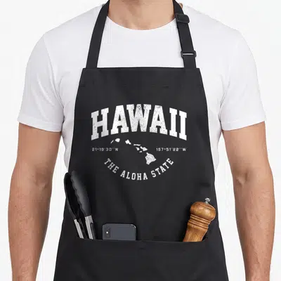 Island hawaiian apron - Distressed white HAWAII text, state map, and coordinates 21 19 30 N 157 51 22 W on grey — shown on a black cotton canvas apron against a white background