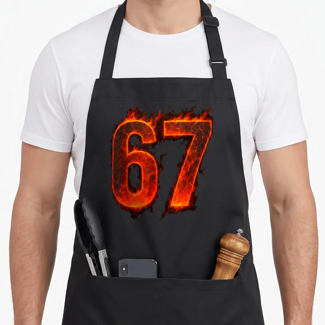 Flame meme apron - Number 67 filled with red and orange lava surrounded by black flames — shown on a black cotton canvas apron against a white background
