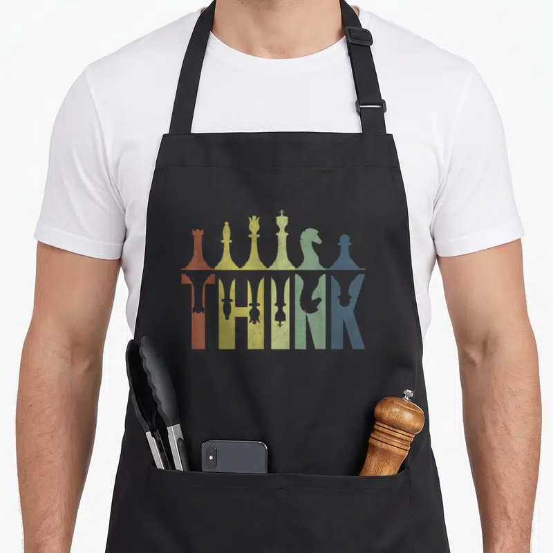 Coach chess player apron - Six chess pieces standing on the word THINK in red, yellow, green, and blue vertical bands — shown on a black cotton canvas apron against a white background
