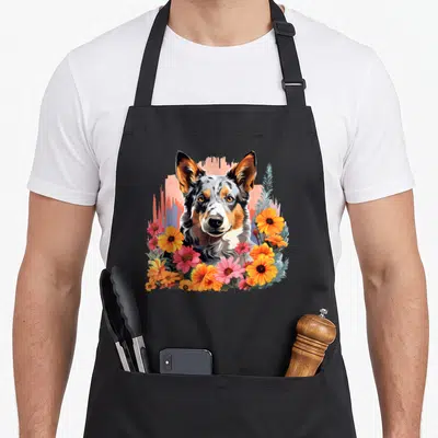 Heeler spring apron - Realistic dog portrait framed by orange, white, black, and pink flowers with abstract background — shown on a black cotton canvas apron against a white background