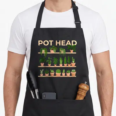 Pot plant apron - POT HEAD text above three beige shelves holding various green potted plants and succulents — shown on a black cotton canvas apron against a white background