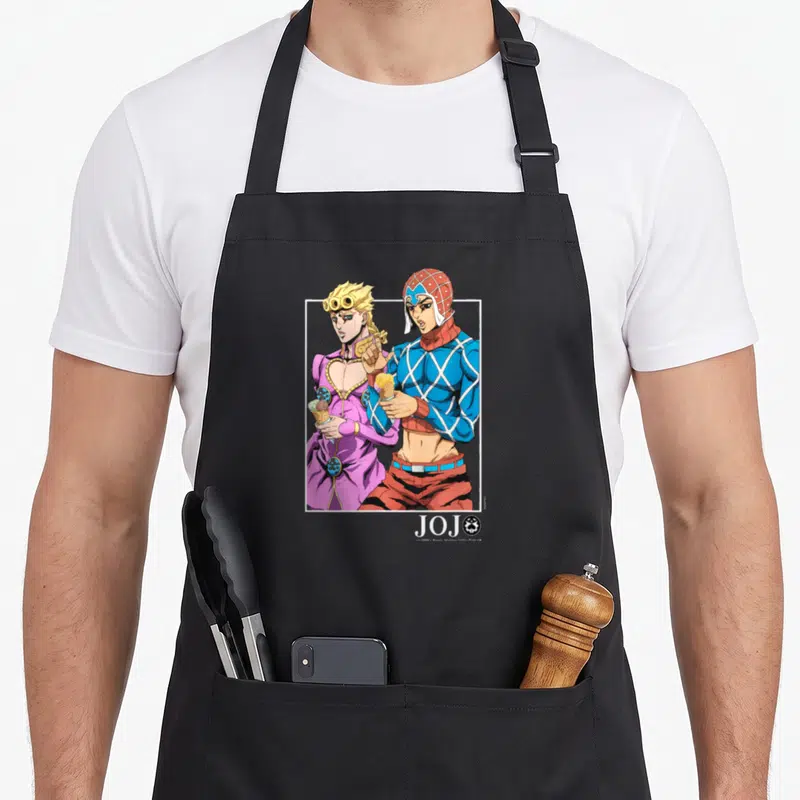 Enjoying ice cream apron - Two cartoon men in purple and blue holding ice cream cones inside white frame with JOJO text — shown on a black cotton canvas apron against a white background