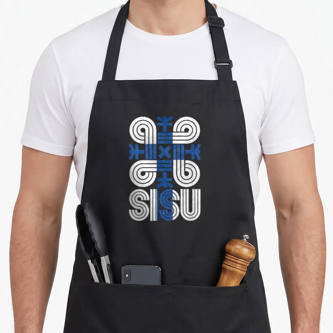 Sisu finnish apron - Geometric knot pattern above SISU text with central blue stripe in white and blue — shown on a black cotton canvas apron against a white background