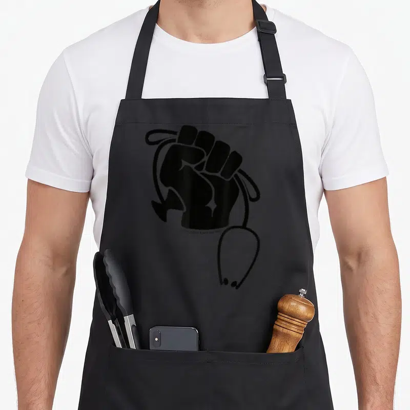Funny founder apron - Black silhouette of a fist gripping a stethoscope with text WHITE COATS BLACK DOCTORS below — shown on a black cotton canvas apron against a white background