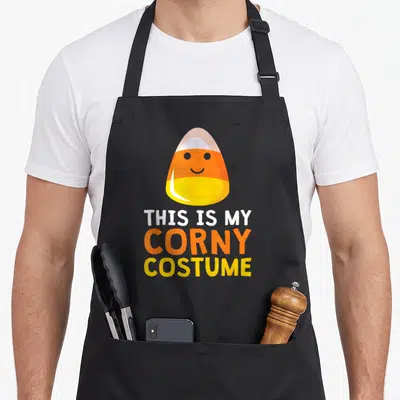 Corny halloween apron - Smiling candy corn with white orange and yellow text reading THIS IS MY CORNY COSTUME — shown on a black cotton canvas apron against a white background