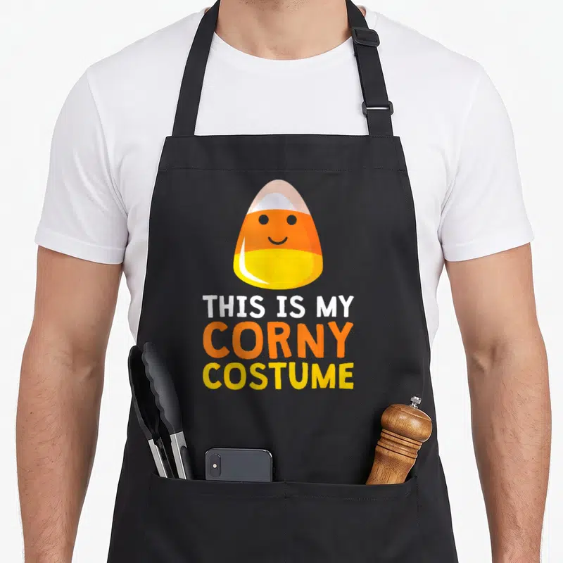 Corny halloween apron - Smiling candy corn with white orange and yellow text reading THIS IS MY CORNY COSTUME — shown on a black cotton canvas apron against a white background