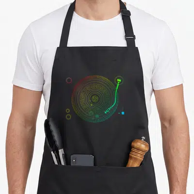 System turntables and aprons - Stylized turntable made of red yellow green blue dotted concentric lines and tonearm — shown on a black cotton canvas apron against a white background
