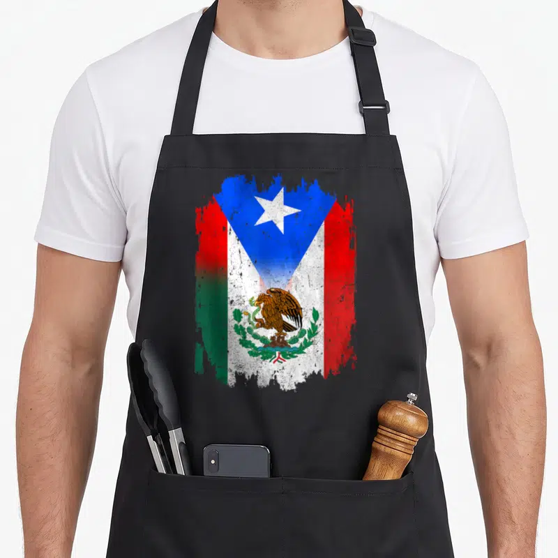 Puerto mexican apron - Distressed hybrid flag with Puerto Rican star and Mexican coat of arms in red white blue — shown on a black cotton canvas apron against a white background