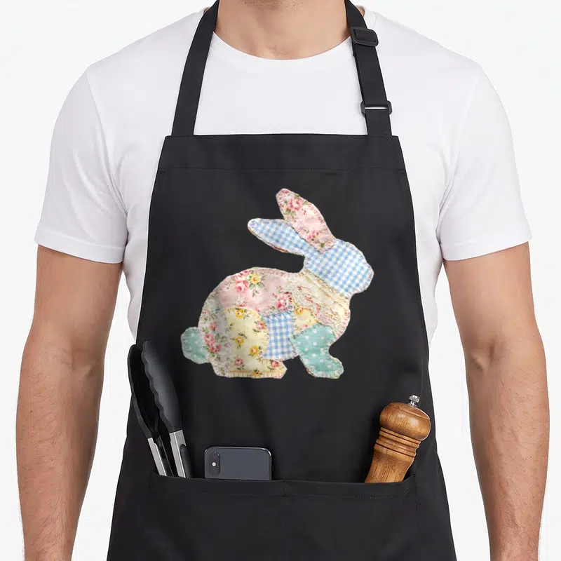 Spring cottage apron - Patchwork rabbit silhouette made of pink floral, blue gingham, and lace fabric pieces — shown on a black cotton canvas apron against a white background