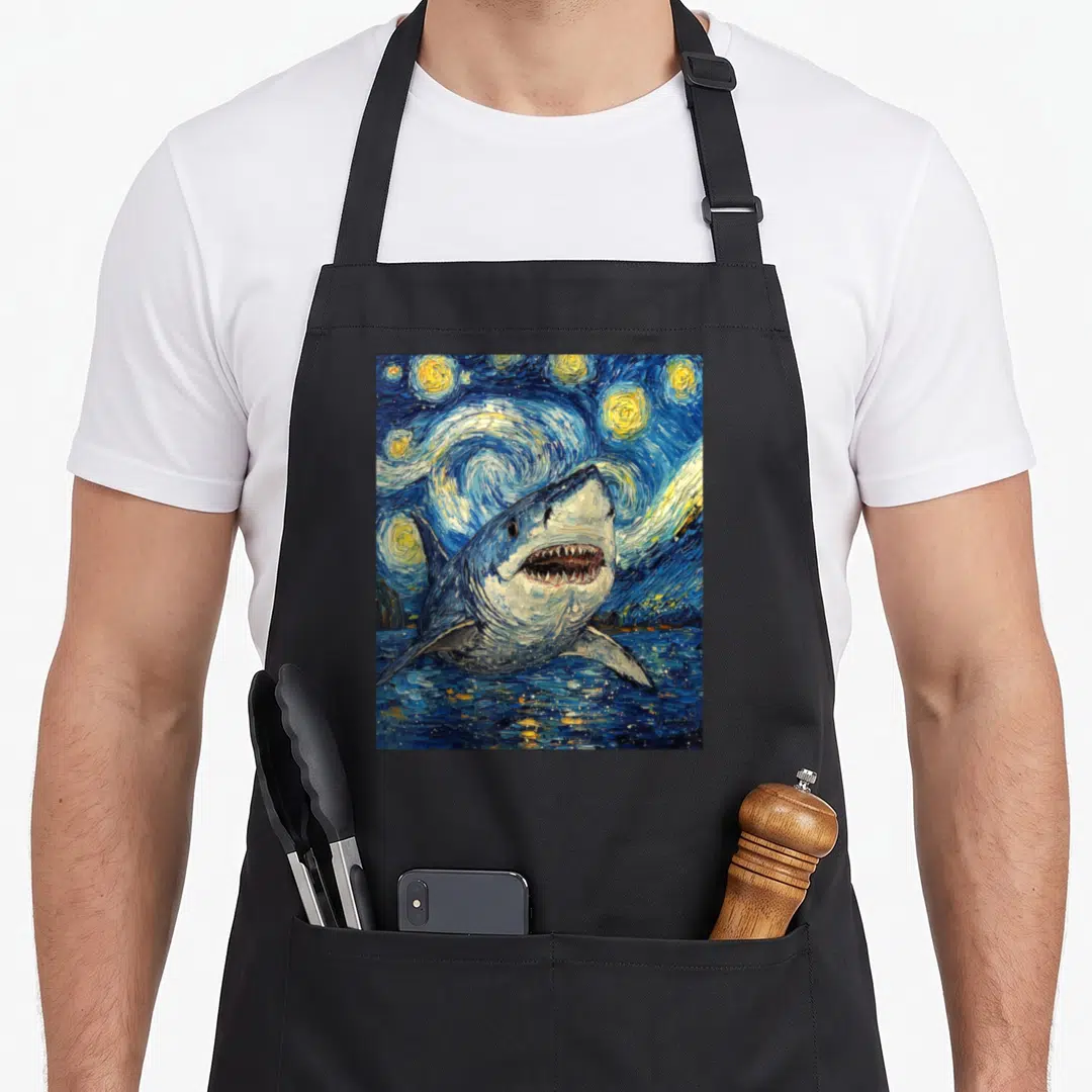 Shark van gogh apron - Realistic shark emerging from water against swirling blue yellow starry night sky — shown on a black cotton canvas apron against a white background