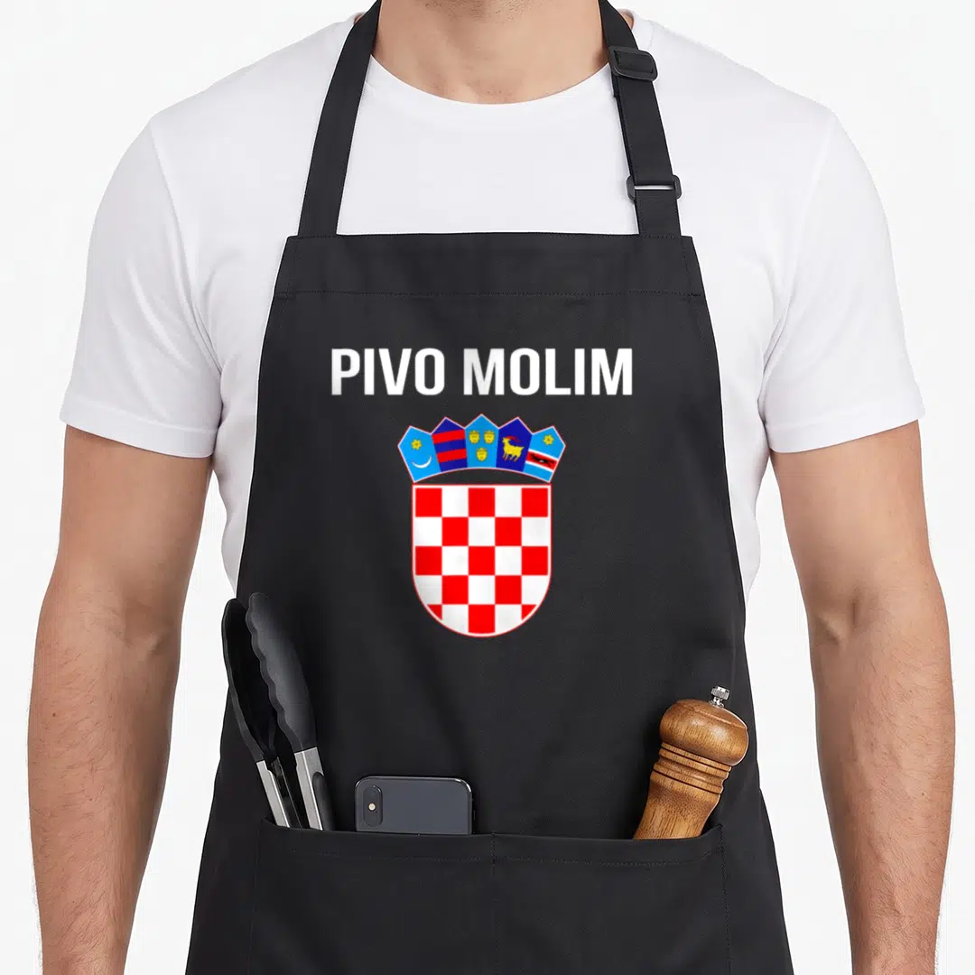 Beer croatian aprons - PIVO MOLIM text above red white checkerboard coat of arms with blue yellow details — shown on a black cotton canvas apron against a white background