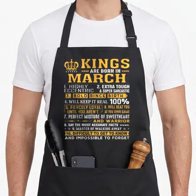 March king apron - Orange and white typography listing ten traits of Kings Born In March with a crown icon — shown on a black cotton canvas apron against a white background