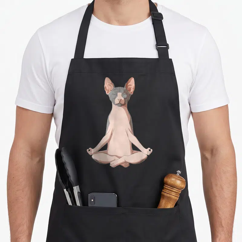 Yoga cat apron - Pink and grey cartoon Sphynx cat sitting in a lotus meditation pose — shown on a black cotton canvas apron against a white background