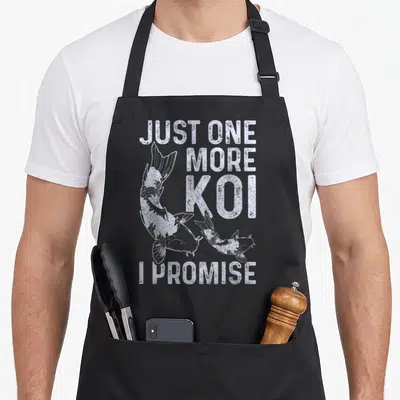 Koi carp japan apron - Distressed white text Just One More Koi I Promise above and below two swimming koi fish — shown on a black cotton canvas apron against a white background