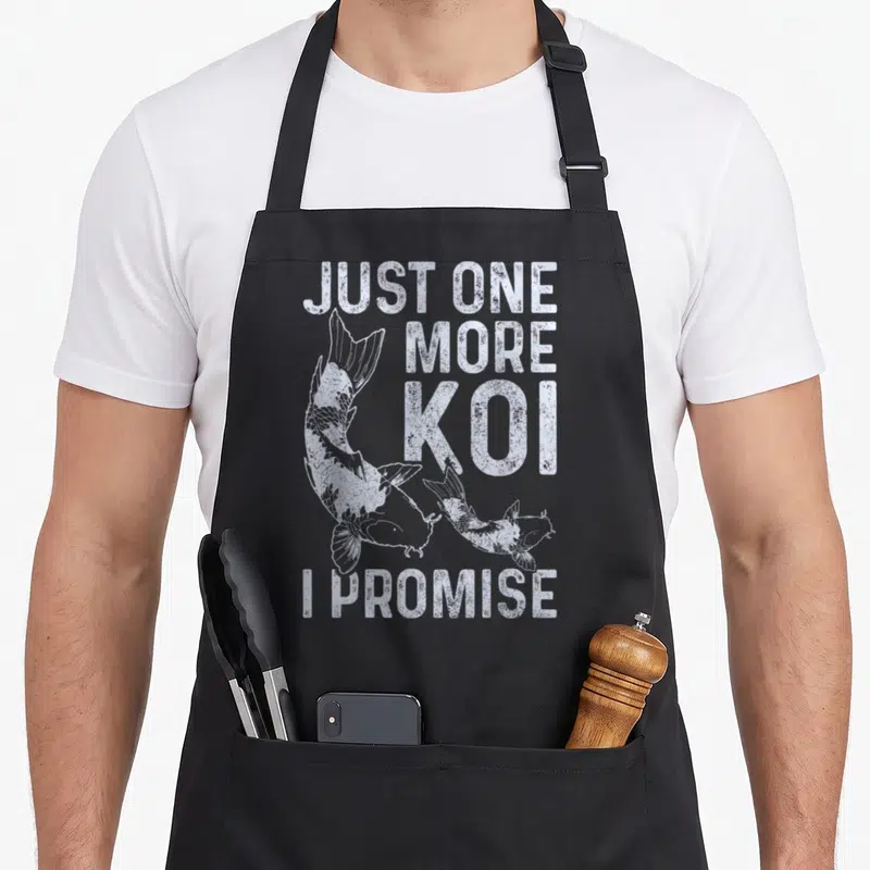 Koi carp japan apron - Distressed white text Just One More Koi I Promise above and below two swimming koi fish — shown on a black cotton canvas apron against a white background