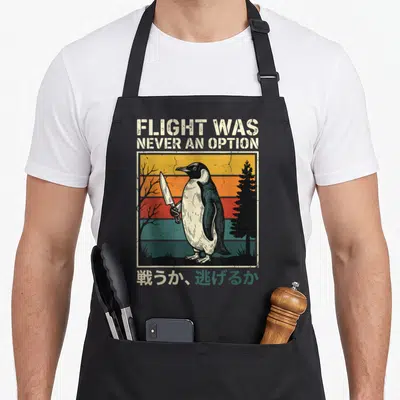 Option flight was apron - Penguin holding a knife between a leafless tree and pine tree on a striped background — shown on a black cotton canvas apron against a white background
