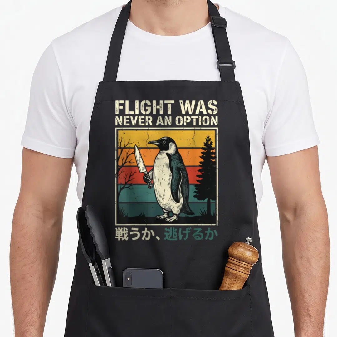 Option flight was apron - Penguin holding a knife between a leafless tree and pine tree on a striped background — shown on a black cotton canvas apron against a white background