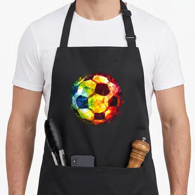 Soccer ball football apron - Multicolored geometric soccer ball with red yellow blue green watercolor splatters — shown on a black cotton canvas apron against a white background