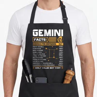 Zodiac king apron - Gemini nutrition facts label with white and orange typography listing personality traits — shown on a black cotton canvas apron against a white background