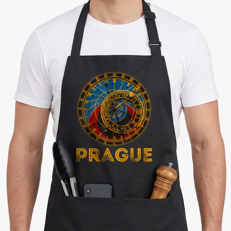 Czech prague apron - Realistic astronomical clock in blue yellow red above PRAGUE text — shown on a black cotton canvas apron against a white background