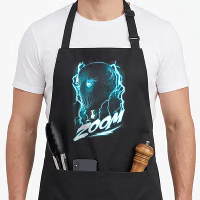 Flash zoom life apron - Grey masked head with blue lightning and slanted white ZOOM text — shown on a black cotton canvas apron against a white background