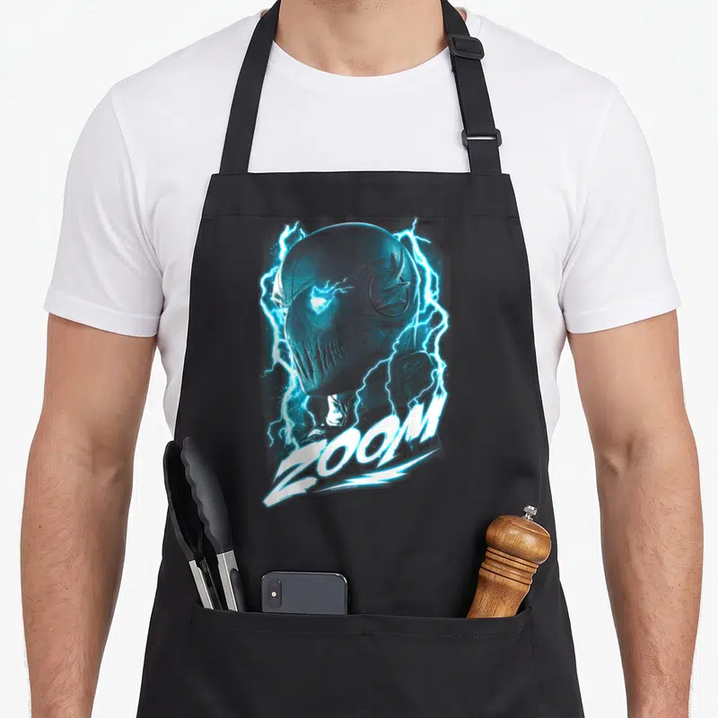 Flash zoom life apron - Grey masked head with blue lightning and slanted white ZOOM text — shown on a black cotton canvas apron against a white background