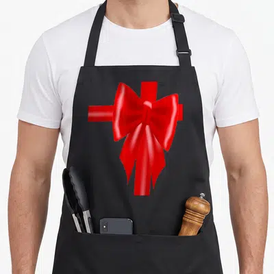 Present bow apron - Realistic red bow with horizontal and vertical ribbons centered on fabric — shown on a black cotton canvas apron against a white background