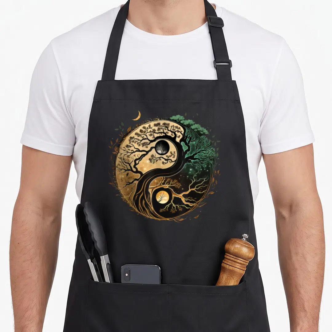 Yang bonsai tree apron - Realistic yin yang symbol formed by two trees in gold black and green with a crescent moon — shown on a black cotton canvas apron against a white background