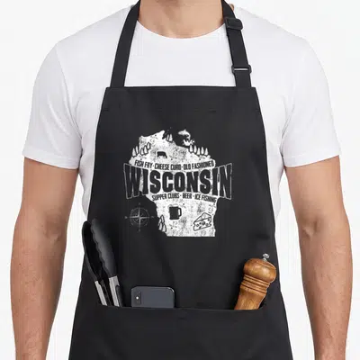 Funny wisconsin apron - White Wisconsin state map with fish, cow, beer mug, cheese, and compass icons surrounded — shown on a black cotton canvas apron against a white background