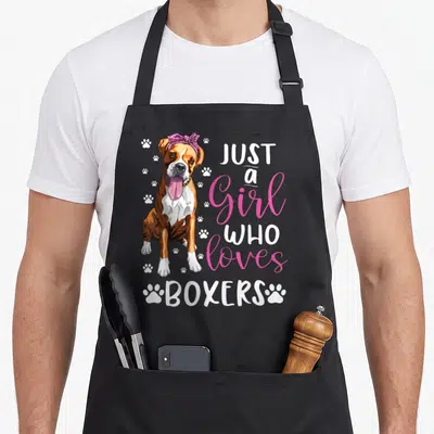 Retro boxer dog apron - Cartoon boxer dog with pink bow and stacked text Just a Girl Who Loves Boxers surrounded by paw — shown on a black cotton canvas apron against a white background