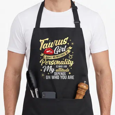 Taurus horoscope birthday apron - Taurus Girl text with red lips gold ribbon and zodiac symbol — shown on a black cotton canvas apron against a white background