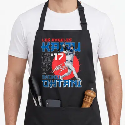 Los baseball apron - Realistic batter swinging in front of red circle with text Los Angeles, Kaiju, #17, Shohei Ohtani — shown on a black cotton canvas apron against a white background
