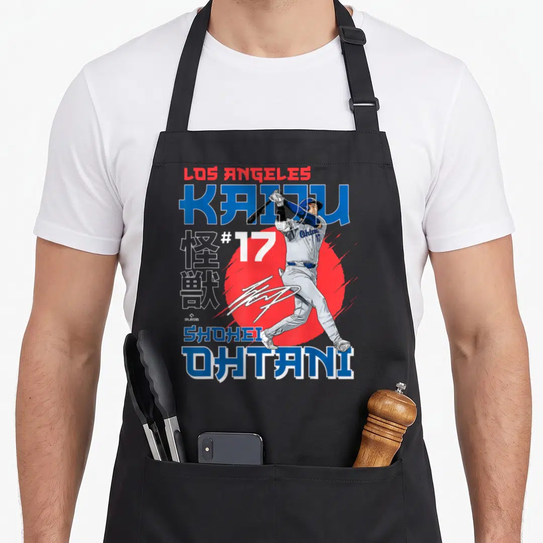 Los baseball apron - Realistic batter swinging in front of red circle with text Los Angeles, Kaiju, #17, Shohei Ohtani — shown on a black cotton canvas apron against a white background