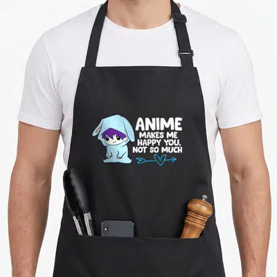 Cute much anime apron - Chibi character in blue onesie with white text ANIME MAKES ME HAPPY YOU NOT SO MUCH — shown on a black cotton canvas apron against a white background