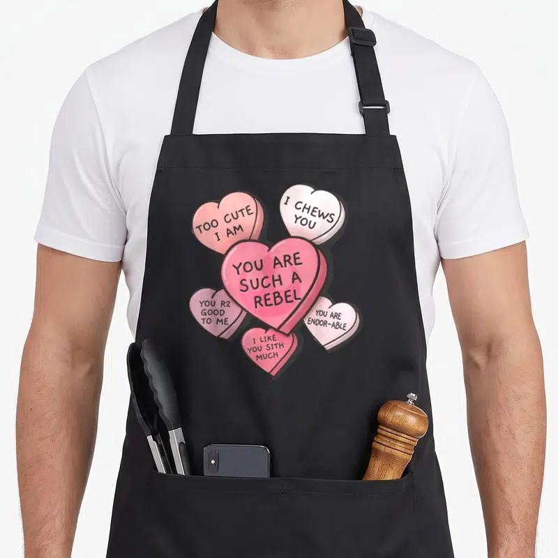 Funny valentine cotton candy apron - Five pink and white candy hearts with Star Wars pun text like You Are Such A Rebel — shown on a black cotton canvas apron against a white background