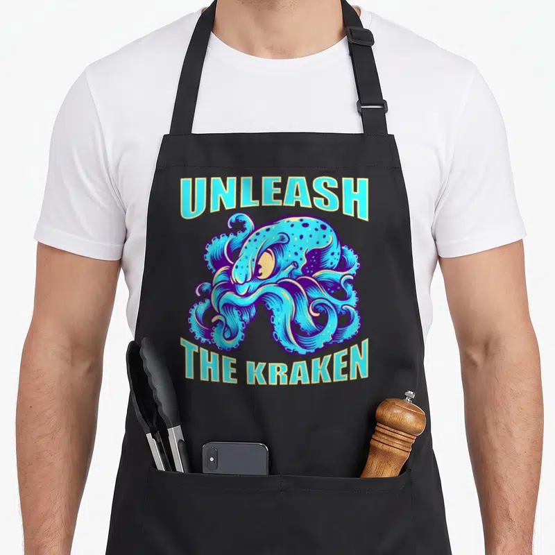 Sea squid apron - Cartoon kraken in blue and purple between Unleash and The Kraken text — shown on a black cotton canvas apron against a white background