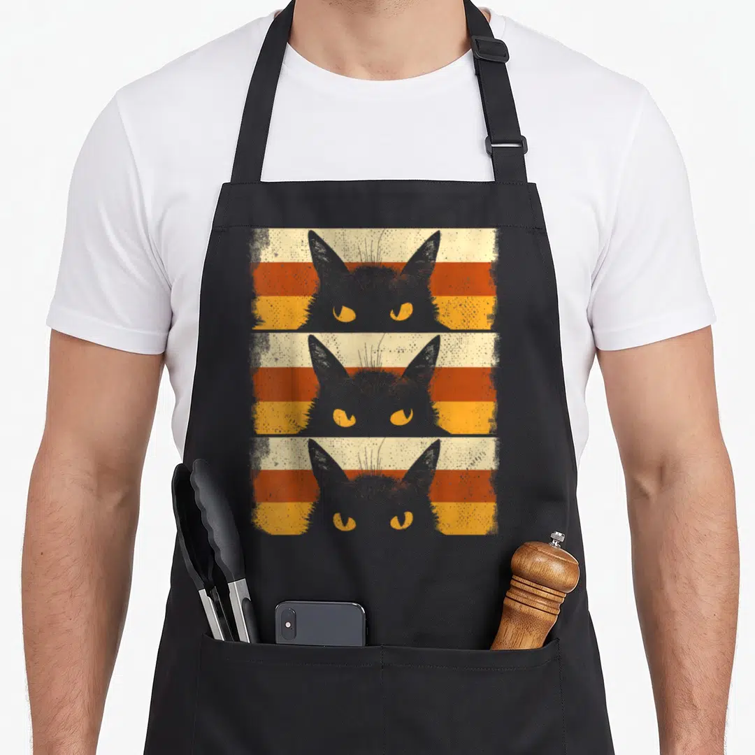 Kitten grumpy cat apron - Three grey cat heads stacked vertically over cream, orange, and yellow distressed stripes — shown on a black cotton canvas apron against a white background