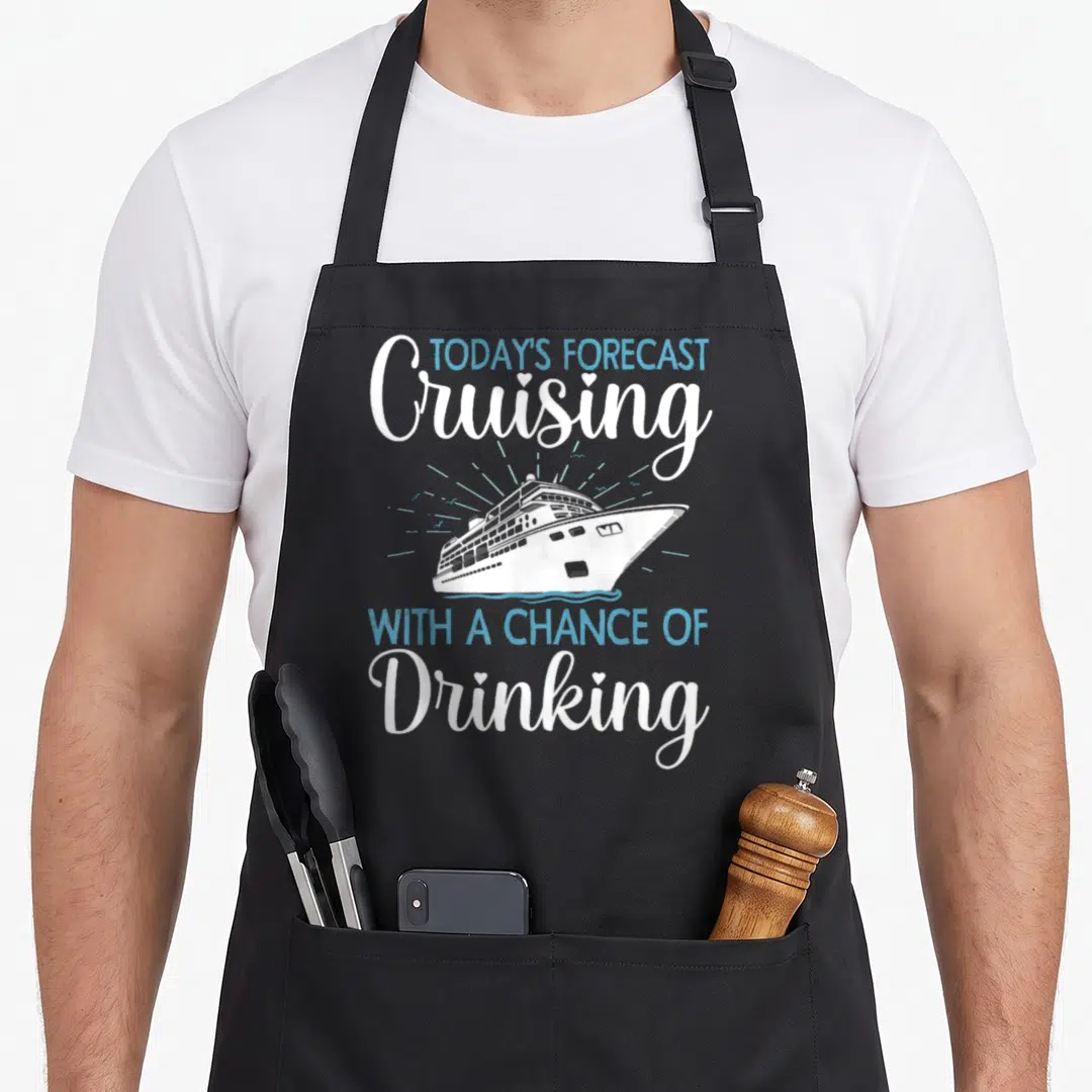 Cruising cruise family aprons - White and blue cruise ship with weather forecast pun text — shown on a black cotton canvas apron against a white background