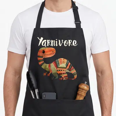 Yarnivore knitting apron - White Yarnivore text above a patterned dinosaur with knit-style body segments — shown on a black cotton canvas apron against a white background