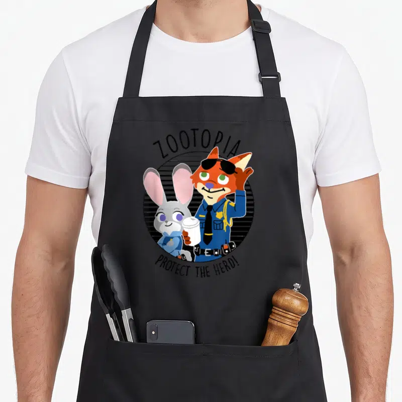 Judy crew apron - Cartoon fox and rabbit in black circle with ZOOTOPIA and PROTECT THE HERD! text — shown on a black cotton canvas apron against a white background