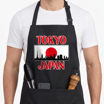 Skyline japan apron - Red TOKYO JAPAN text framing black Tokyo skyline and red sun in white rectangle — shown on a black cotton canvas apron against a white background