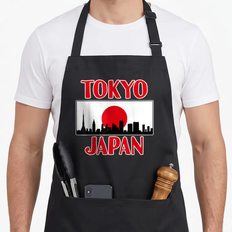 Skyline japan apron - Red TOKYO JAPAN text framing black Tokyo skyline and red sun in white rectangle — shown on a black cotton canvas apron against a white background