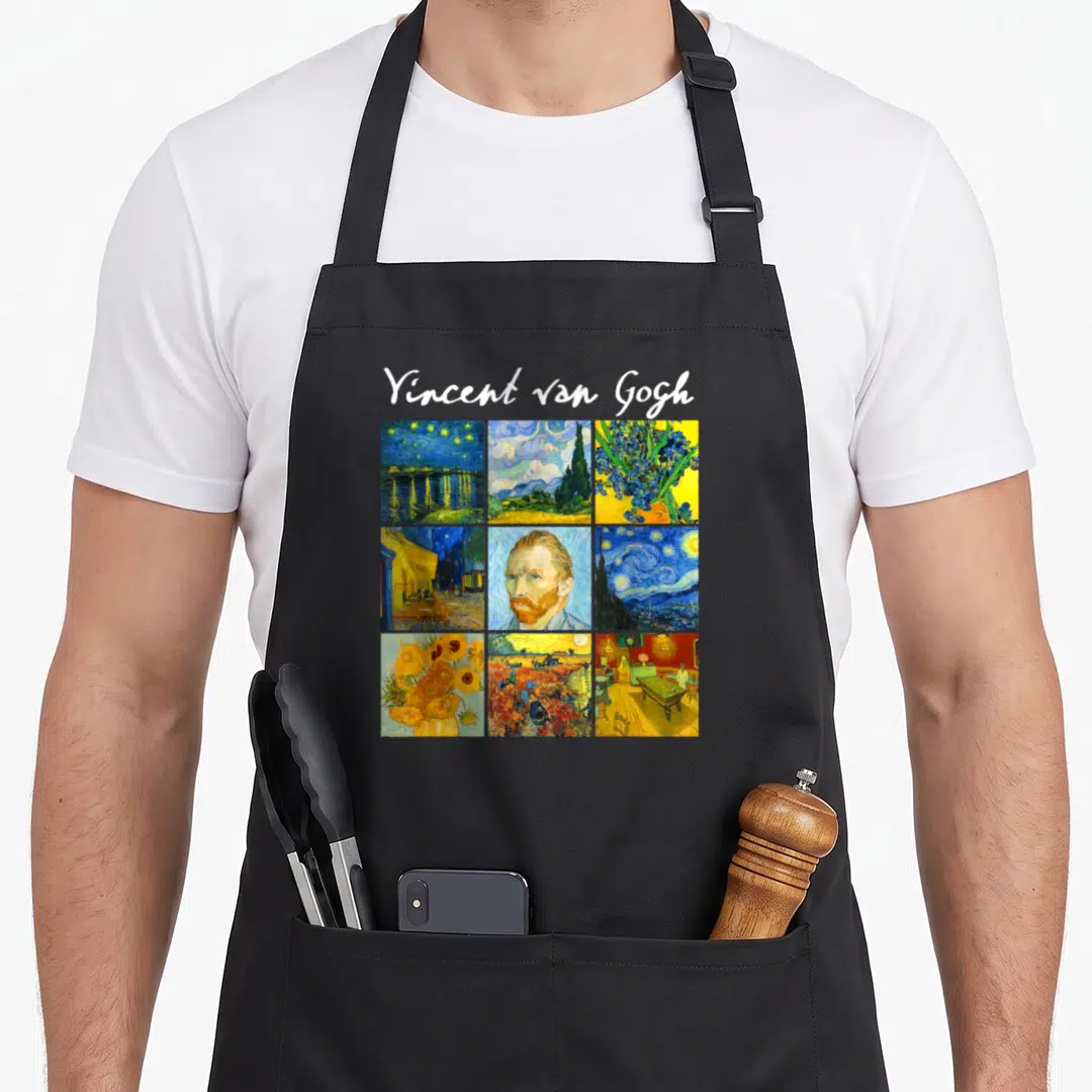 Portrait van gogh apron - Vincent van Gogh text above a 3x3 grid of paintings including Starry Night and Sunflowers — shown on a black cotton canvas apron against a white background