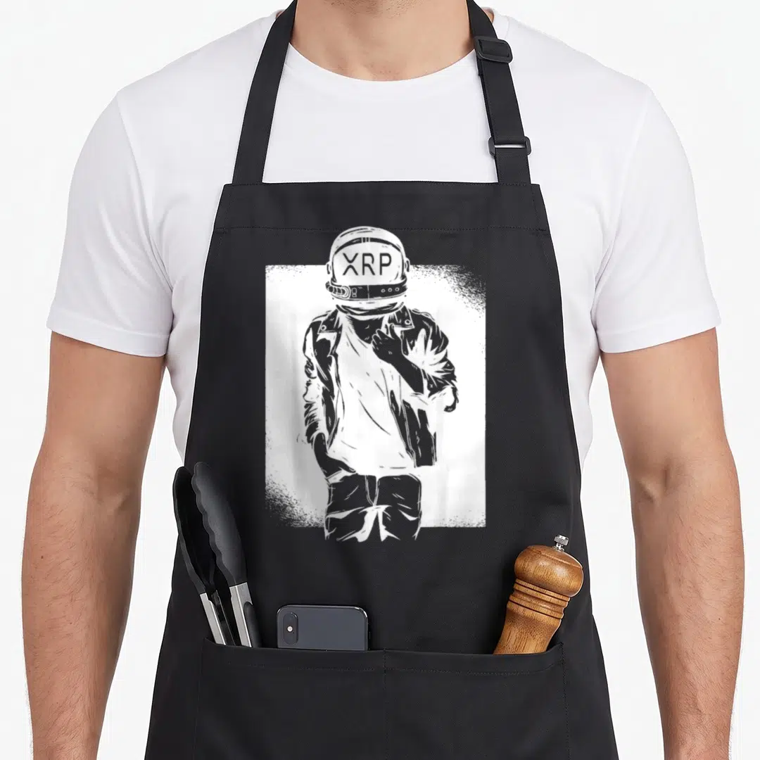 Xrp cosmonaut apron - White line-art astronaut in jacket with XRP text on helmet visor — shown on a black cotton canvas apron against a white background