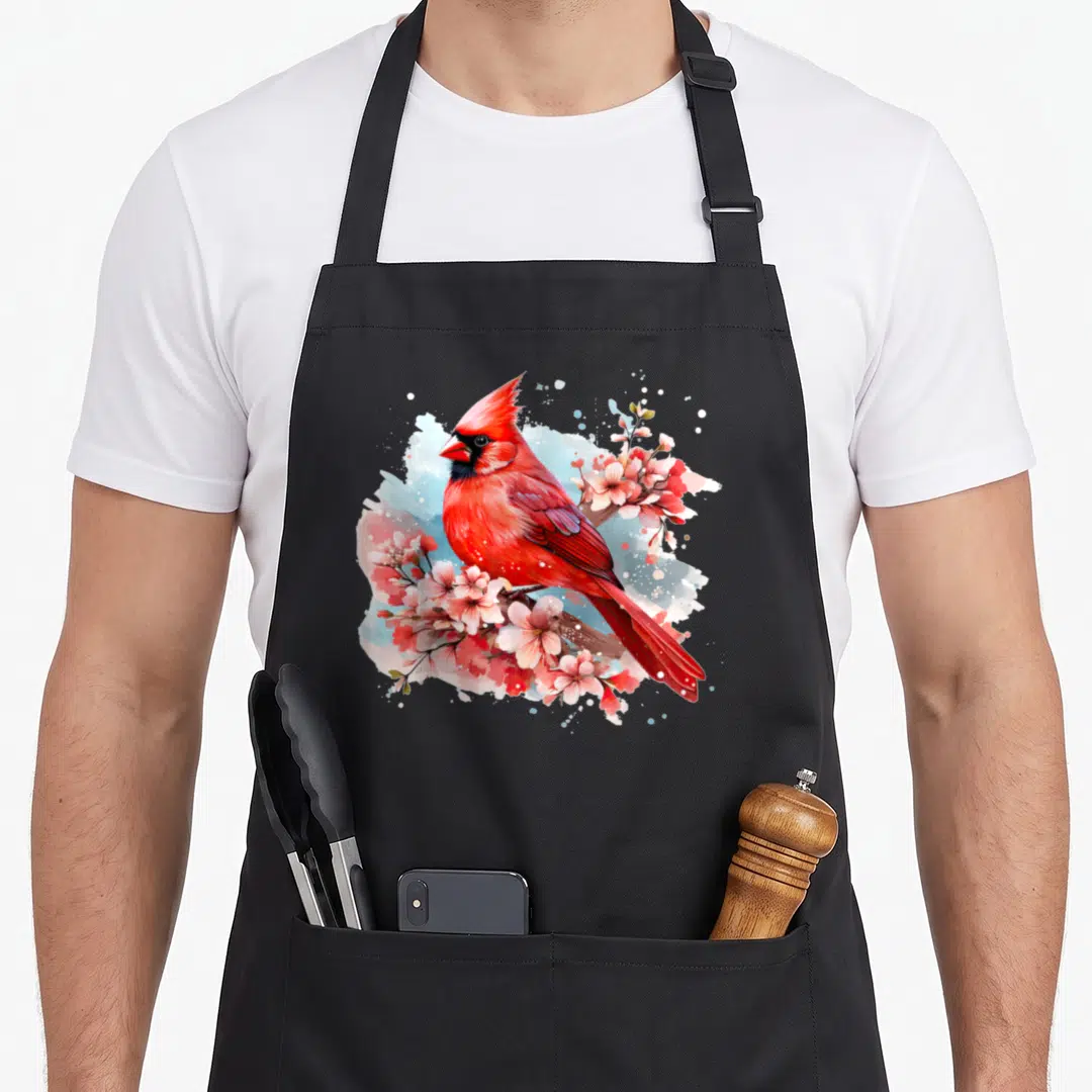 Watercolor cardinal apron - Red cardinal bird perched on pink cherry blossom branch with blue watercolor splash — shown on a black cotton canvas apron against a white background