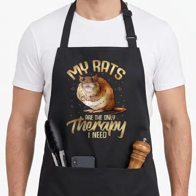 Rat my therapy apron - Realistic brown rat with gold text reading MY RATS ARE THE ONLY Therapy I NEED — shown on a black cotton canvas apron against a white background
