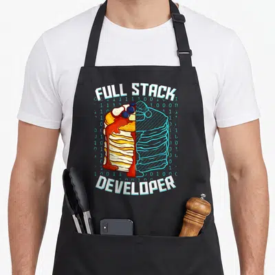 Developer pancake apron - Full stack developer text framing a split realistic and blue wireframe pancake stack — shown on a black cotton canvas apron against a white background