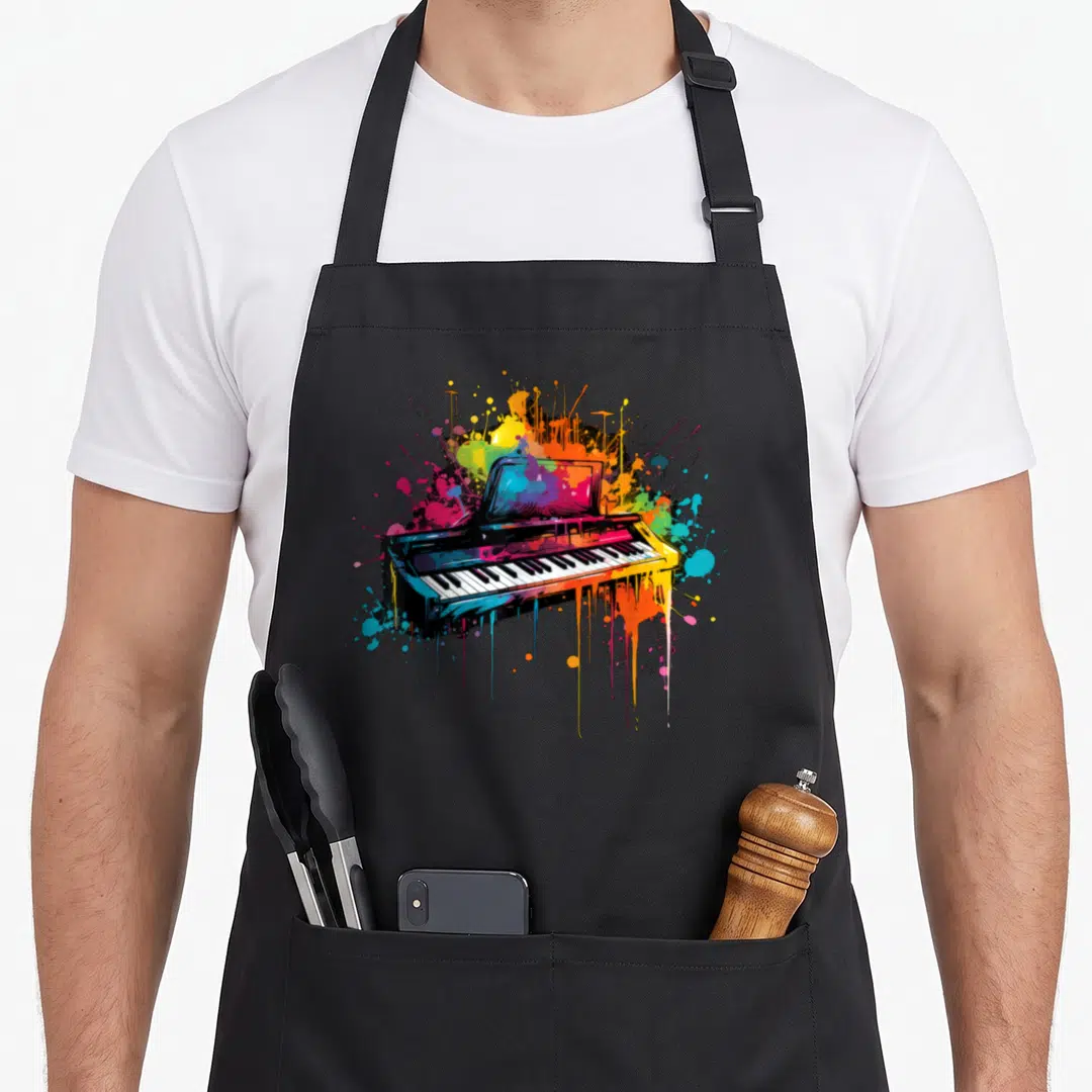 Keyboard colorful aprons - Piano illustration with multicolored watercolor paint splatters and drips in black white — shown on a black cotton canvas apron against a white background