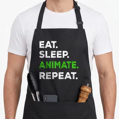 Eat show lover apron - Stacked EAT SLEEP ANIMATE REPEAT text in white and green block letters — shown on a black cotton canvas apron against a white background